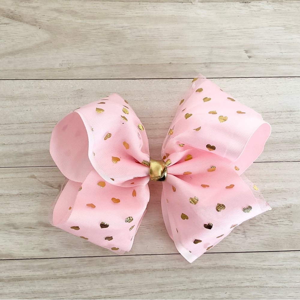 Pink Hair Bow with Gold Heart Accents